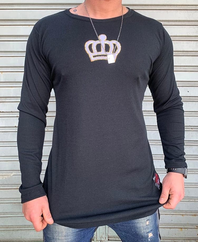 Manga Longa Kreta Coroa Strass Black