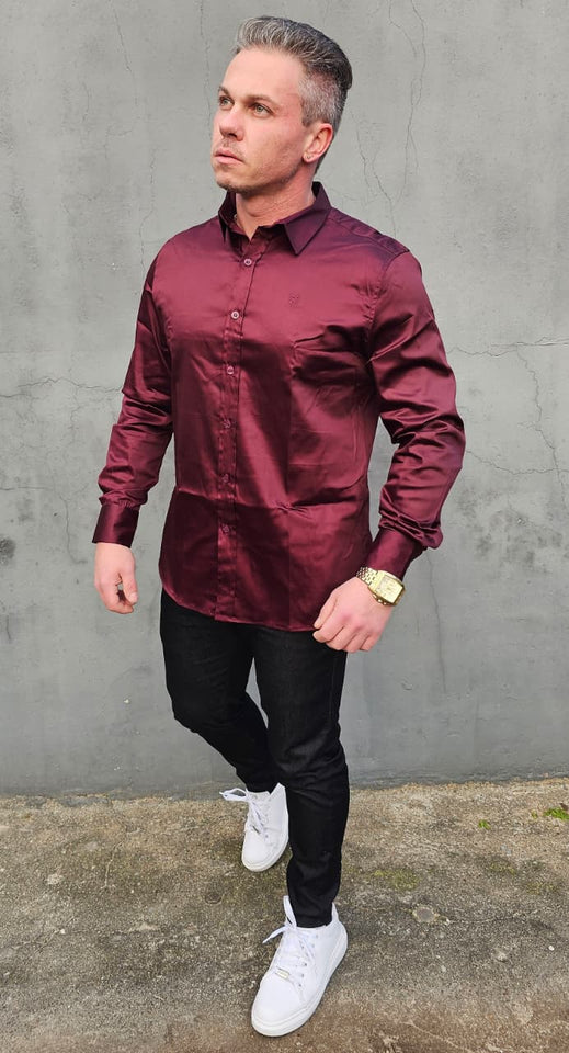 Camisa Premium Acetinada Volk Bordô Manga Longa
